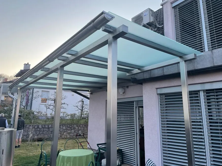 Stainless steel canopy with glass roof cover